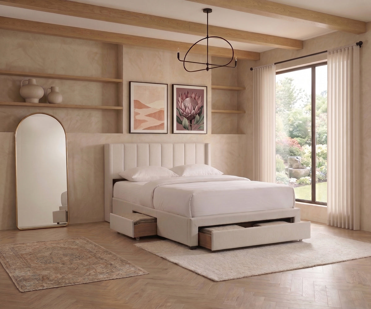 Vertical-Tufted Storage Bed with 3 Compartments – Creme