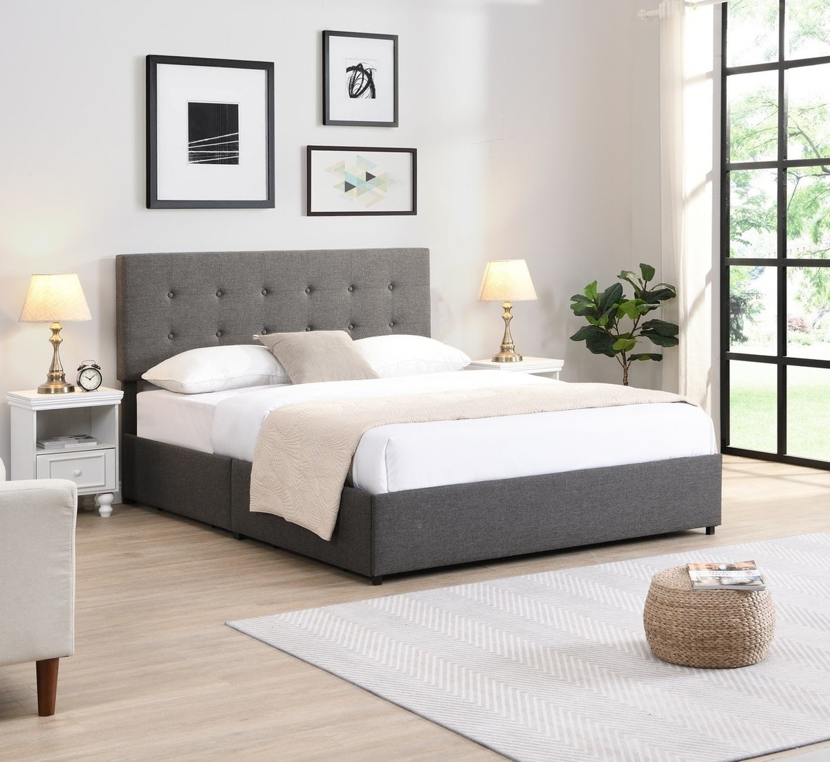Button-Tufted Storage Bed with 4 Mesh Drawers – Grey