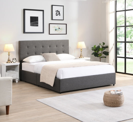 Button-Tufted Storage Bed with 4 Mesh Drawers – Grey