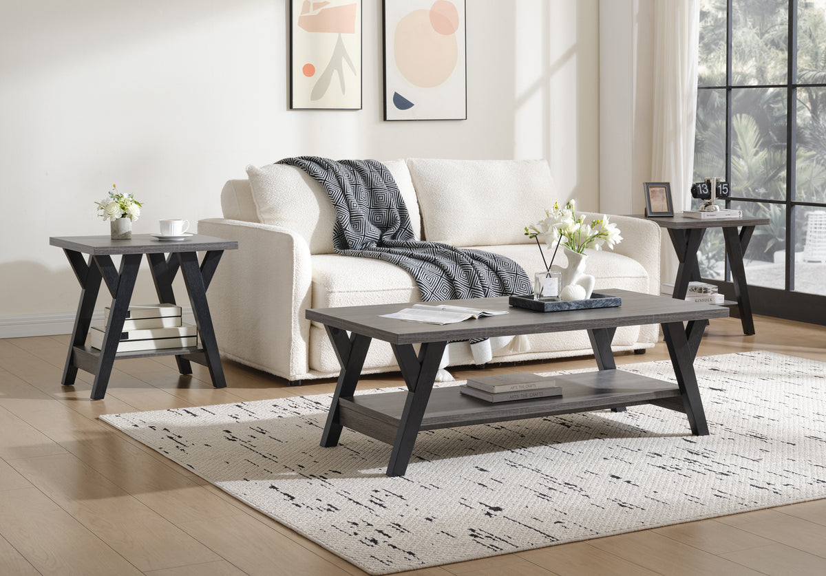 Wood Top 3-Piece Coffee Table Set with Lower Shelf – Natural and Black