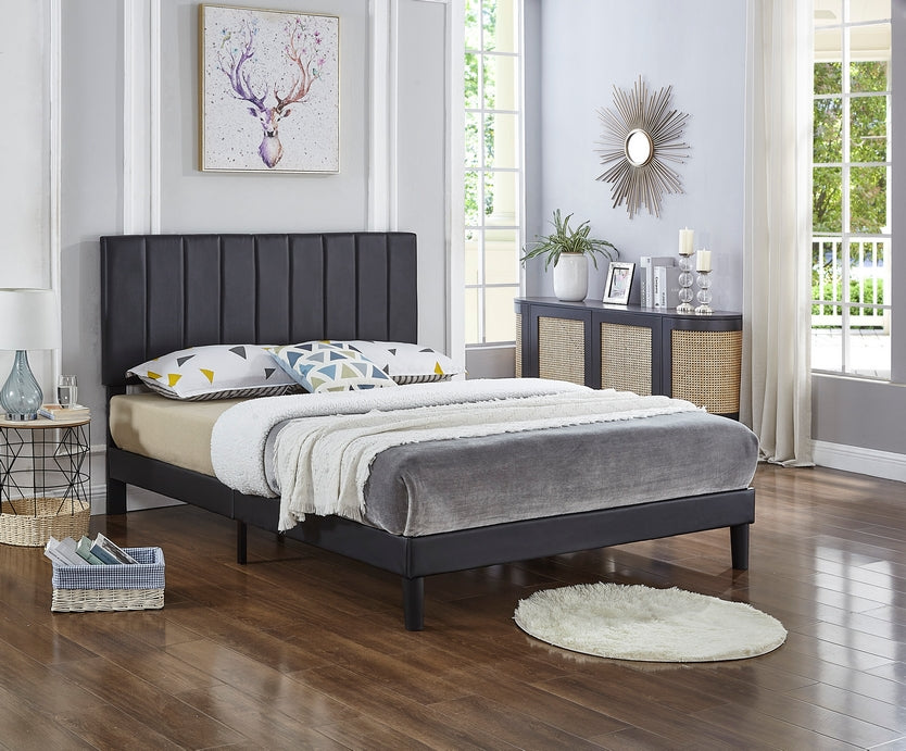 Vertical-Tufted Adjustable Headboard Bed – Black Faux Leather