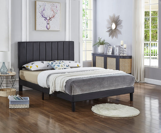 Vertical-Tufted Adjustable Headboard Bed – Black Faux Leather