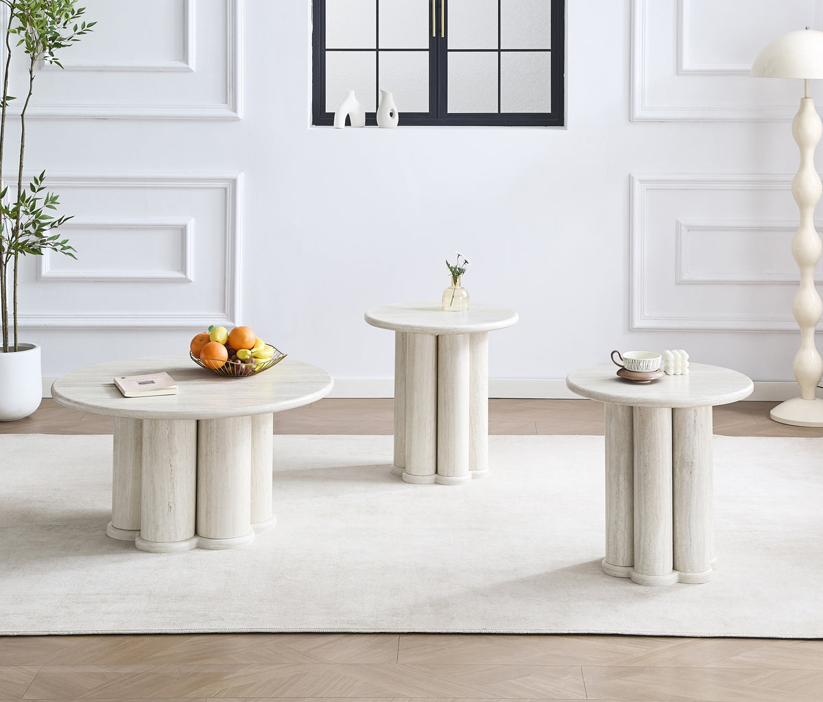 Round Travertine-Look Coffee Table Set with Column Base
