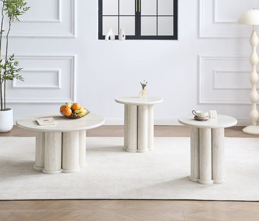 Round Travertine-Look Coffee Table Set with Column Base