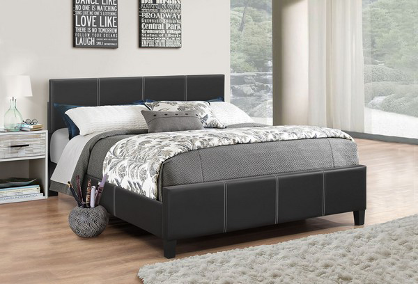Adjustable Headboard Upholstered Bed – Black Faux Leather