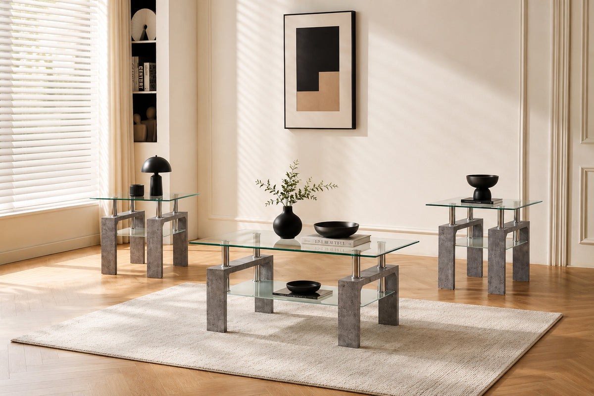 Glass Top 3-Piece Coffee Table Set with Frosted Shelf – Grey Faux Marble