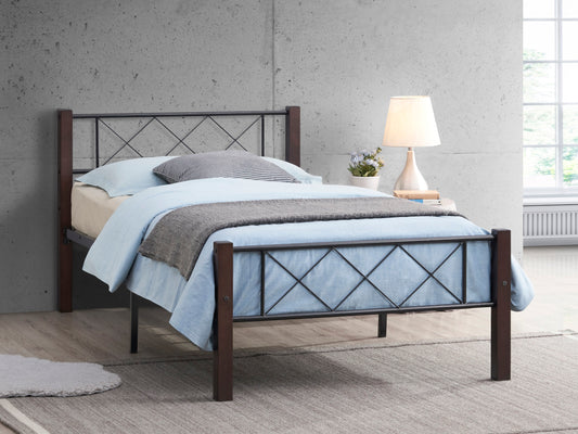 Black Steel Bed with Espresso Wood Posts – Low Profile