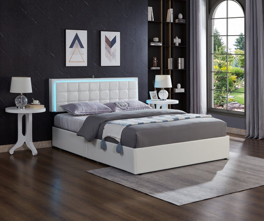 Smart Storage Bed with LED Lights, Charging & 4 Drawers – White