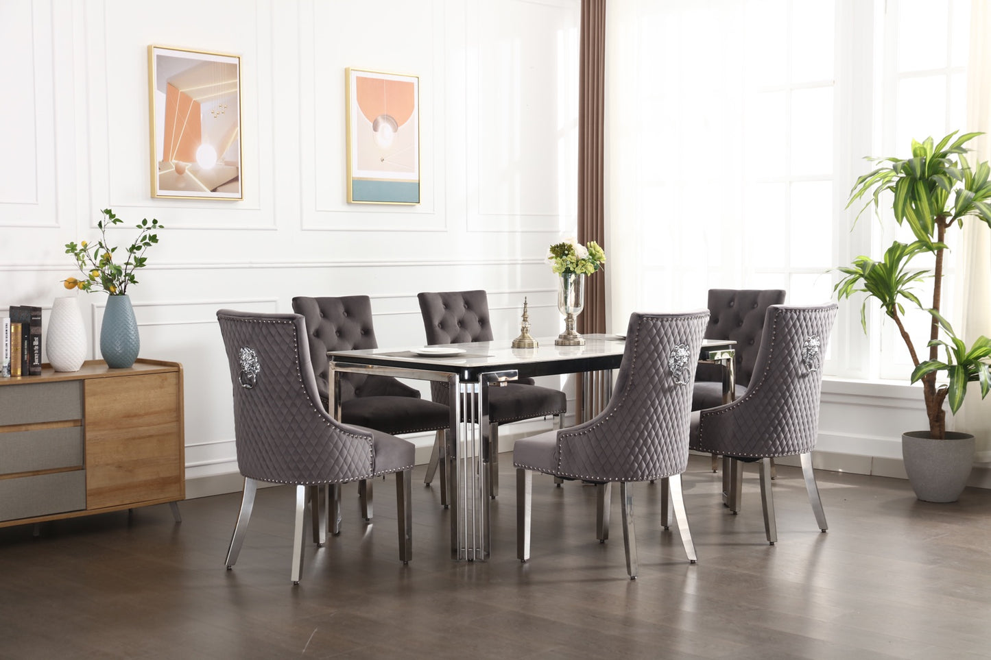 Ceramic Marble Table with Velvet Chairs – Four Color Options