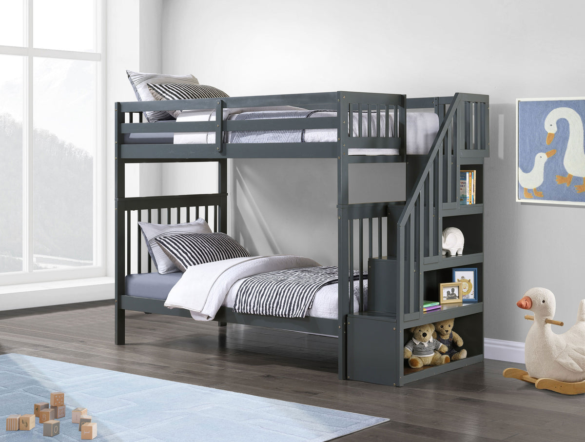 Mission Bunk Bed with Reversible Staircase – Grey Single/Single