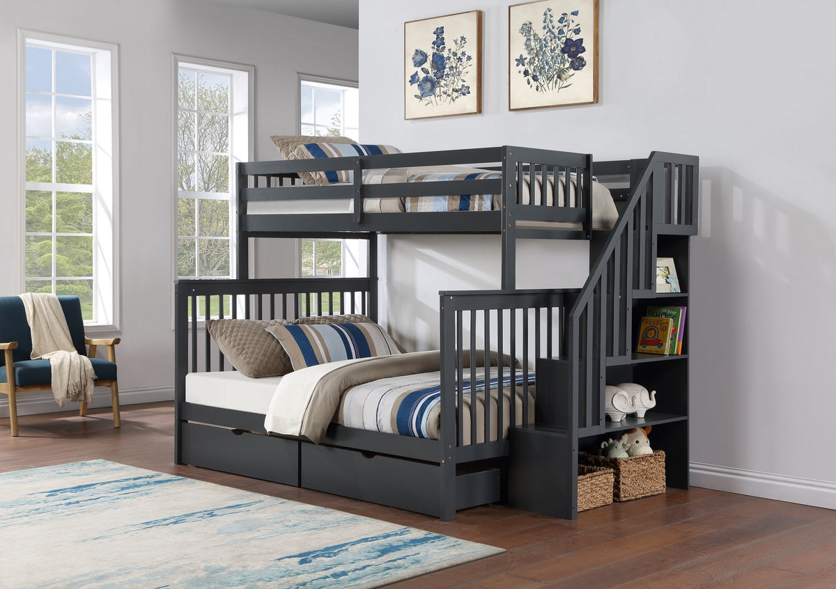 Mission Bunk Bed with Reversible Staircase – Grey Single/Double