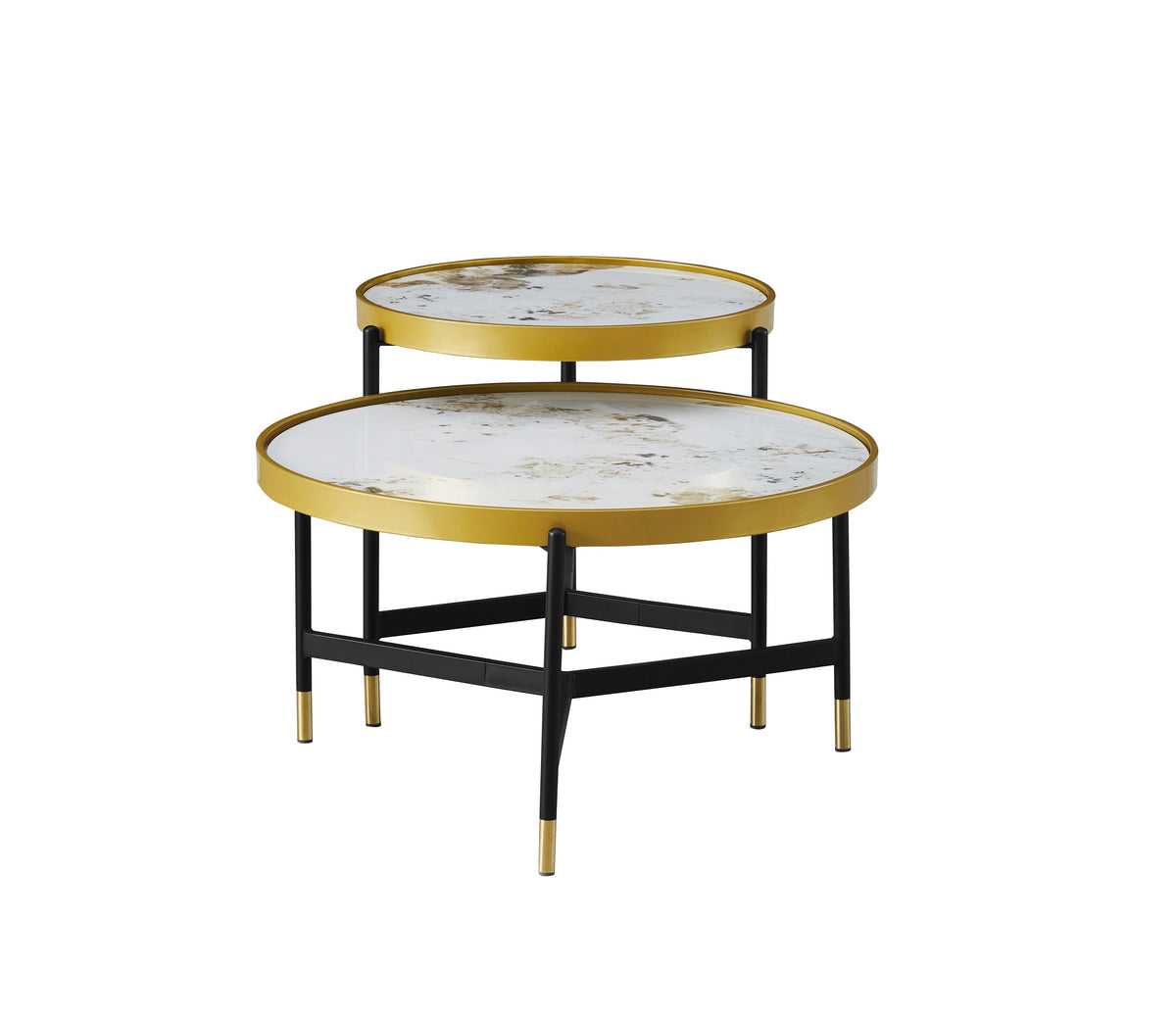 Pandora Stone Round Coffee Tables – Set of 2, Black and Gold