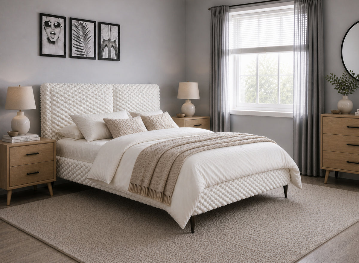 Cloud-Texture Low-Profile Bed – Cream