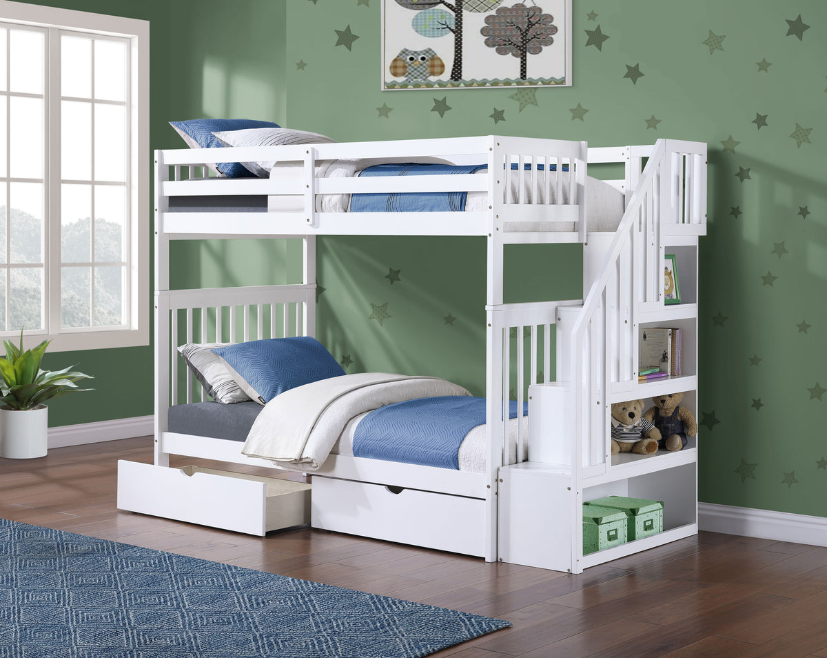 Mission Bunk Bed with Reversible Staircase – White Single/Single
