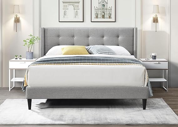 Button-Tufted Wingback Bed – Grey Fabric
