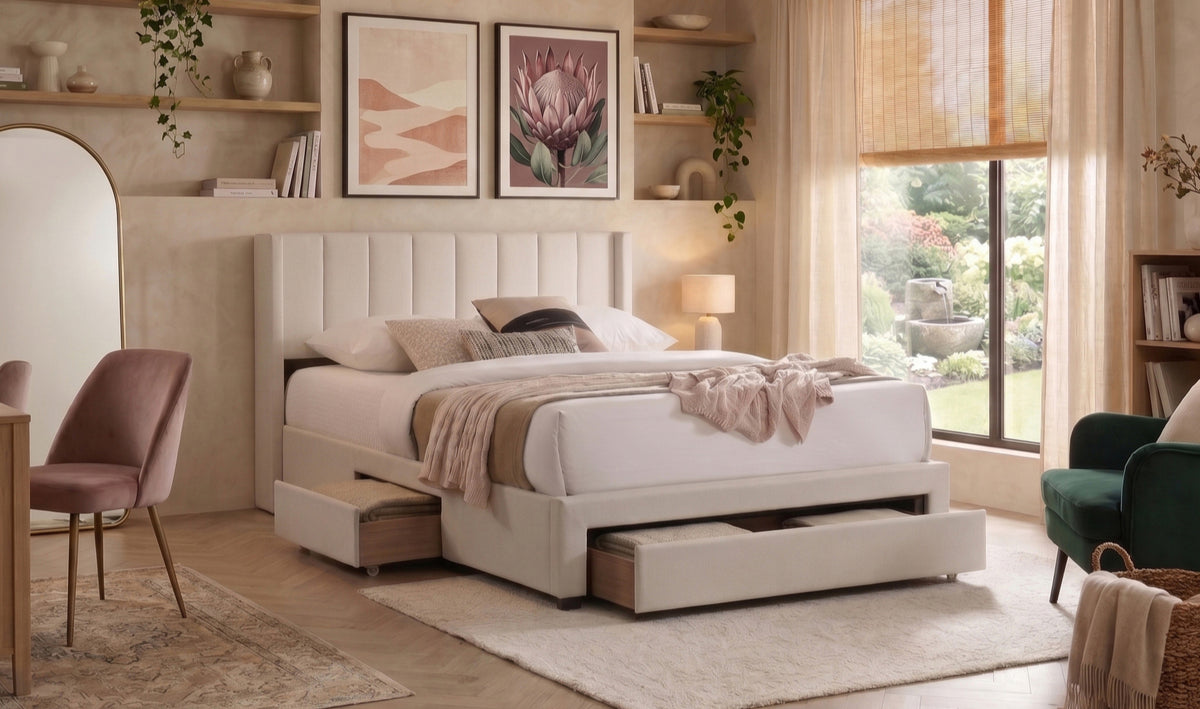 Vertical-Tufted Storage Bed with 3 Compartments – Creme