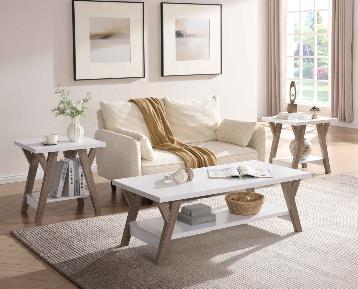 Wood Top 3-Piece Coffee Table Set with Lower Shelf – White and Natural