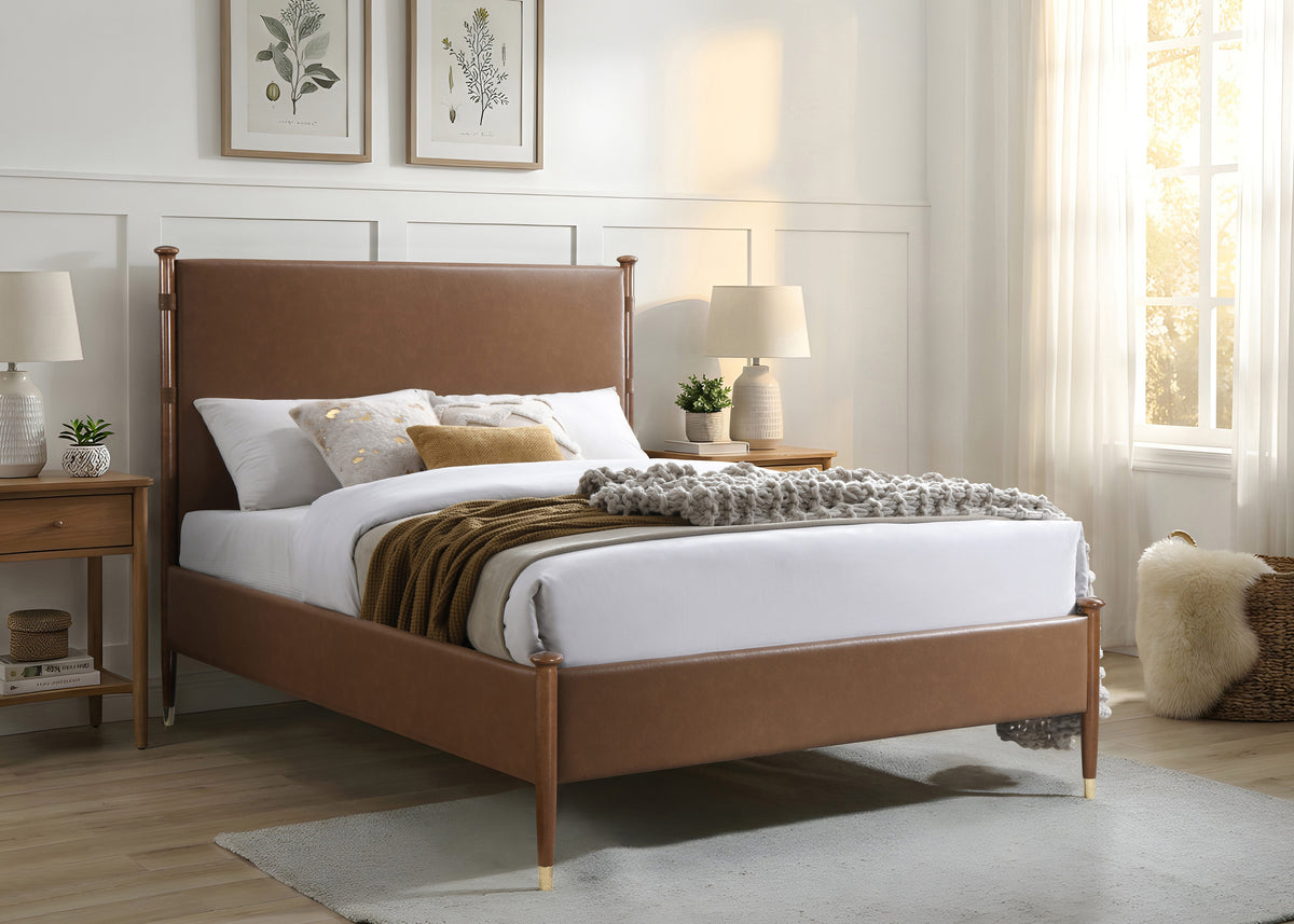 Cognac Faux Leather Bed with Solid Wood Posts