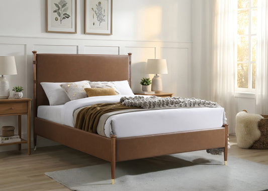 Cognac Faux Leather Bed with Solid Wood Posts