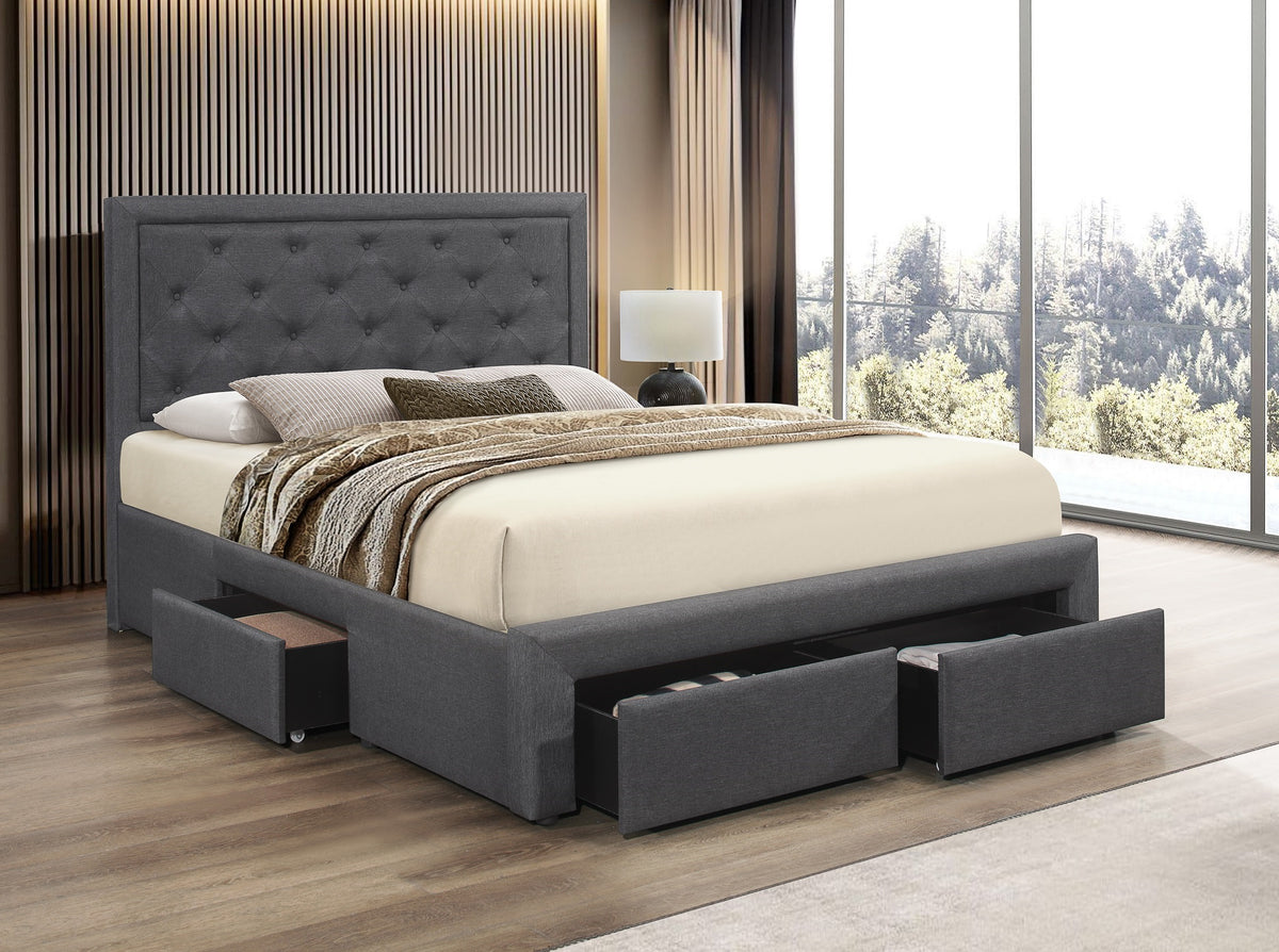 Button-Tufted Storage Bed with 3 Drawers – Dark Grey