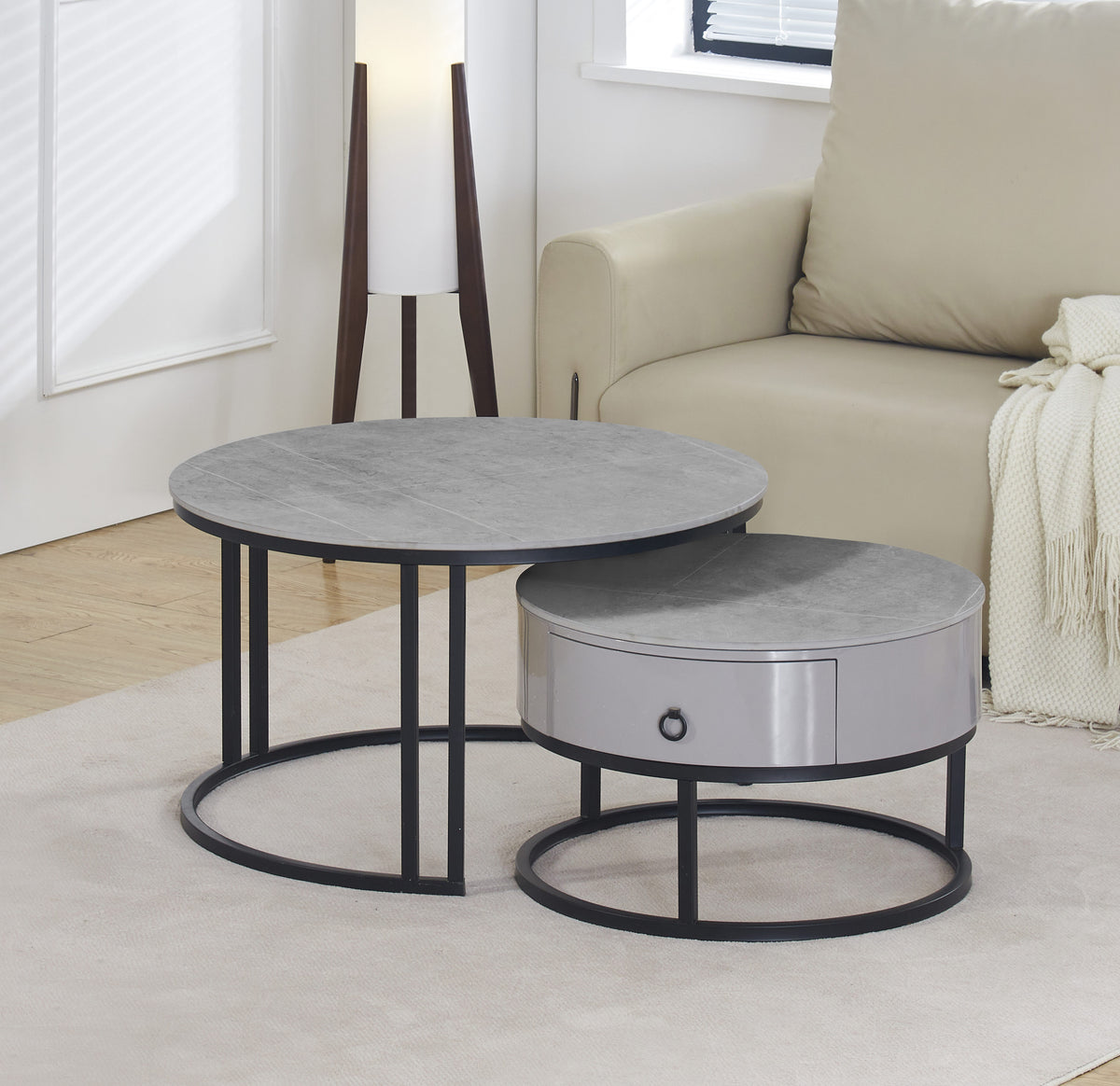 Round Stone Coffee Tables with Storage Drawer – Set of 2 – Armani Grey