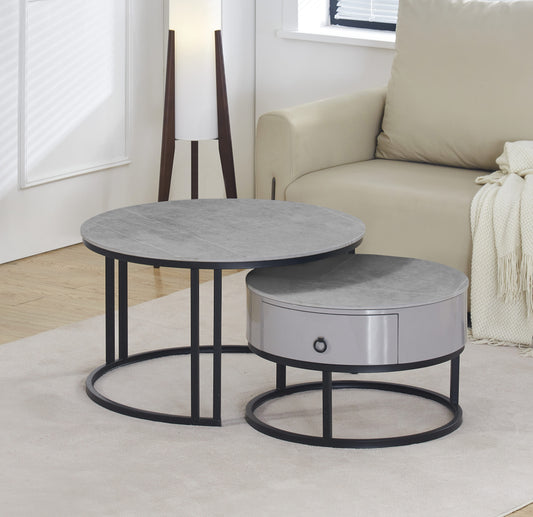 Round Stone Coffee Tables with Storage Drawer – Set of 2 – Armani Grey