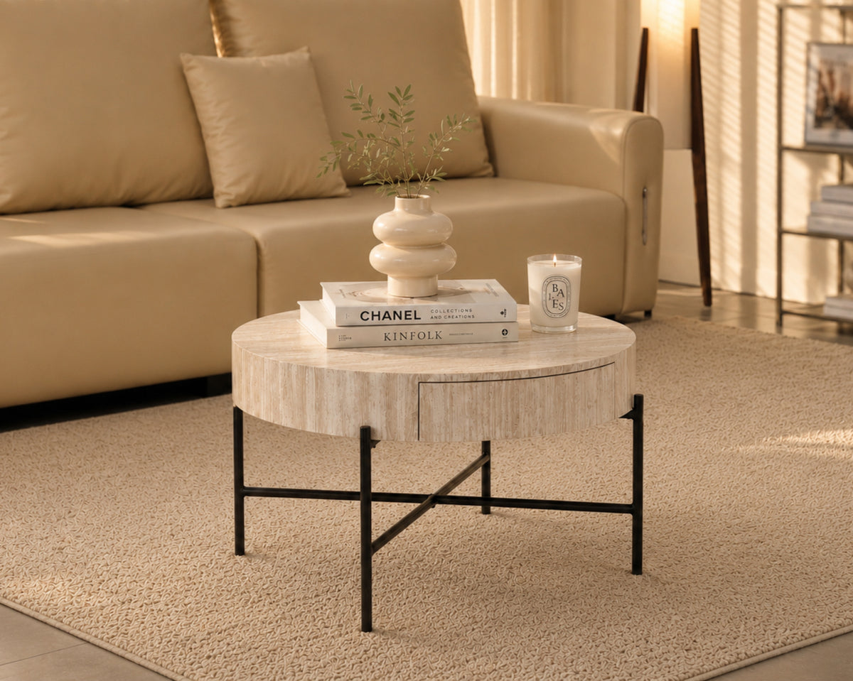 Round Coffee Table with Hidden Drawer – 32" – Beige Travertine