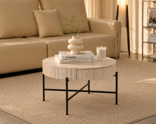 Round Coffee Table with Hidden Drawer – 32" – Beige Travertine