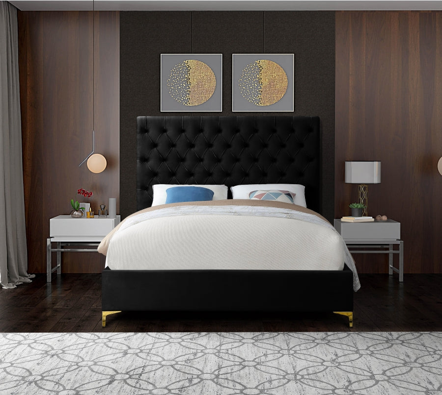 Deep Button-Tufted Velvet Bed with Chrome & Gold Legs – Black