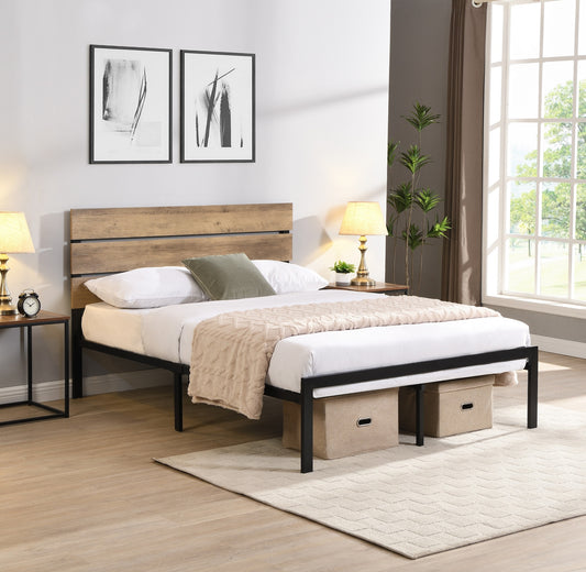 Rustic Wood & Black Metal Platform Bed