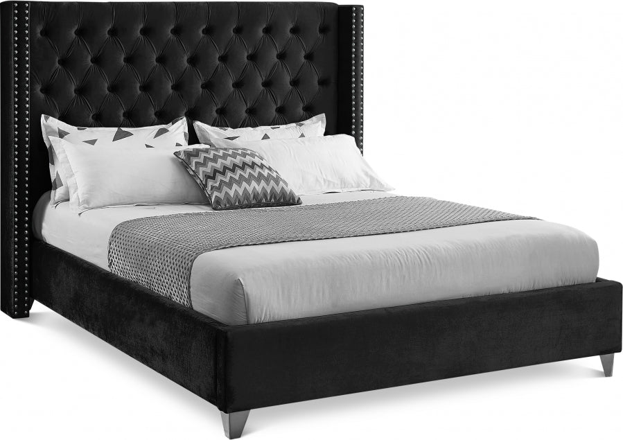 Button-Tufted Velvet Wingback Bed with Chrome Nailheads – Black