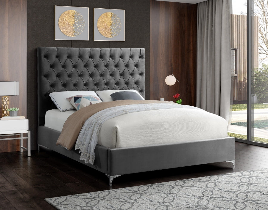 Deep Button-Tufted Velvet Bed with Chrome & Gold Legs – Grey