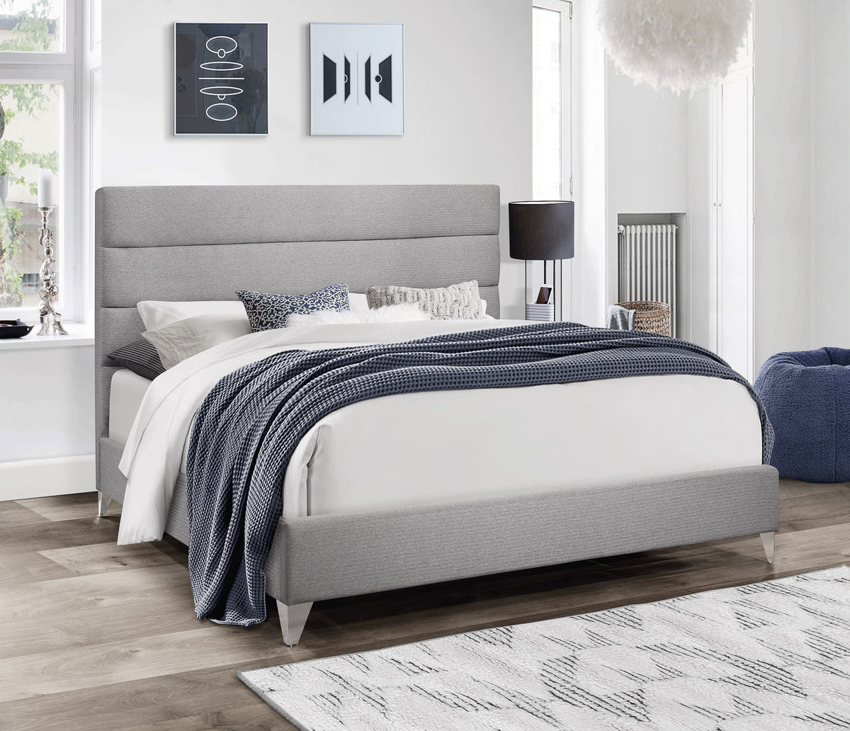 Horizontal-Tufted Grey Fabric Bed with Chrome Legs