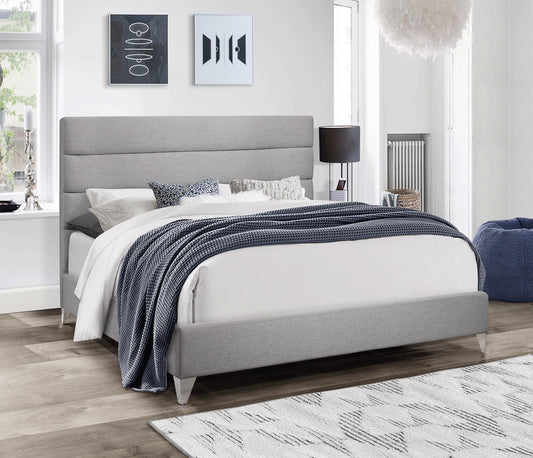 Horizontal-Tufted Grey Fabric Bed with Chrome Legs