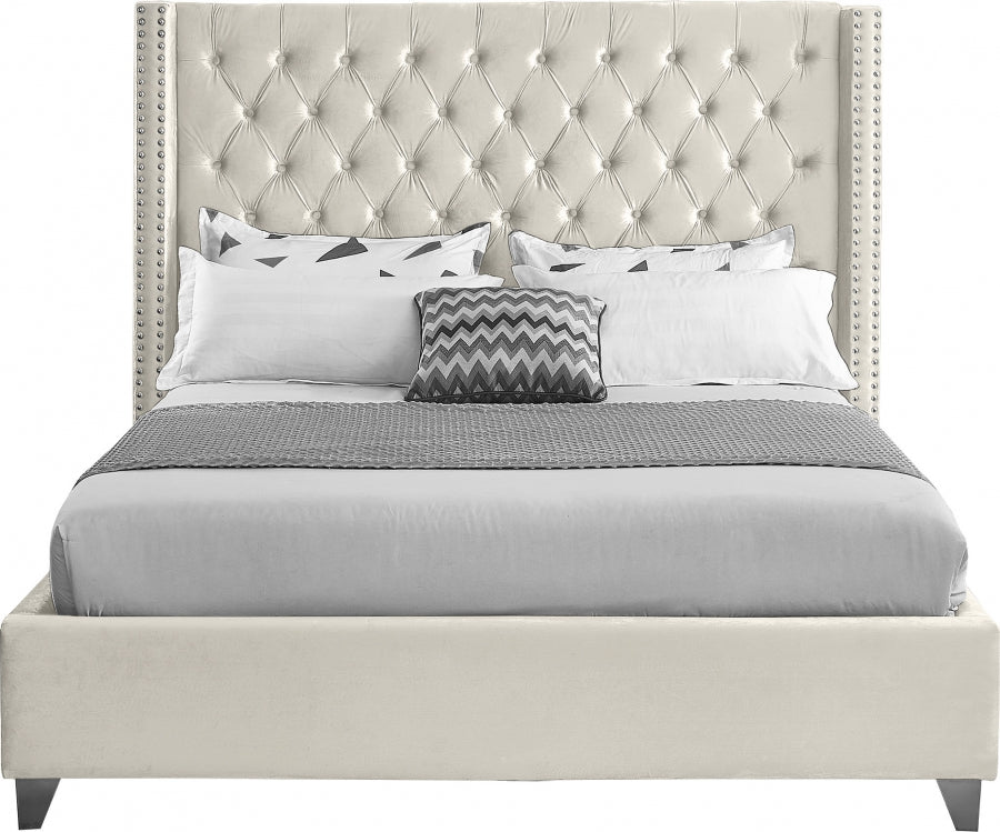 Button-Tufted Velvet Wingback Bed with Chrome Nailheads – Creme