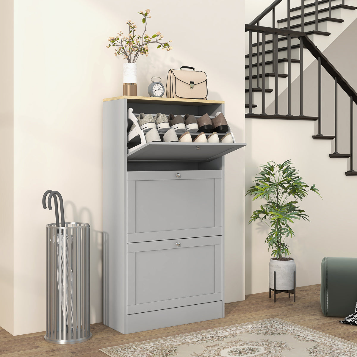 Modern Shoe Storage with 3 Flip Drawers and Adjustable Shelves – 24"W x 45"H