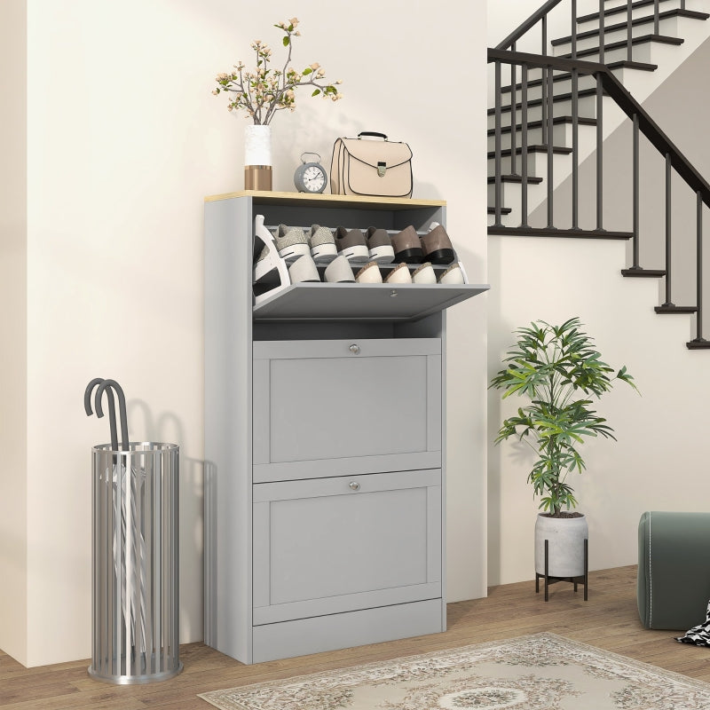 HOMCOM Modern Grey Shoe Cabinet with 3 Flip Drawers Adjustable Shelves