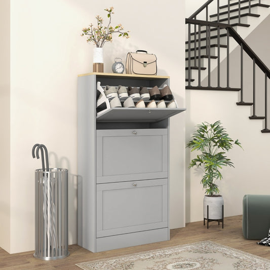 HOMCOM Modern Grey Shoe Cabinet with 3 Flip Drawers Adjustable Shelves