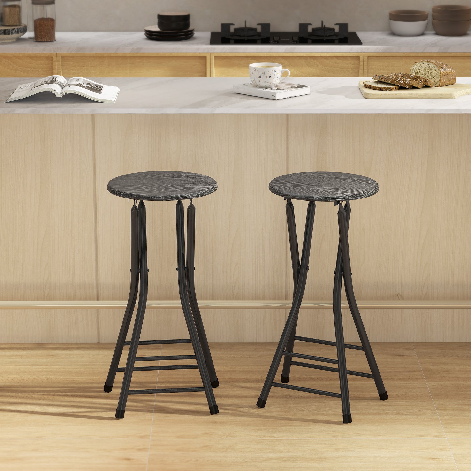 HOMCOM Set of 2 Foldable Barstools, Counter Height with Footrest, Steel Legs