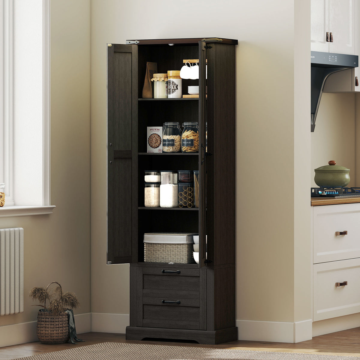 Farmhouse Kitchen Storage Cabinet with 2 Drawer and Adjustable Shelves – 24"W x 71"H