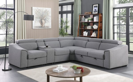 Grey RHF Sectional Sofa Bed, Pull-Out Sleeper, Storage and Cupholders