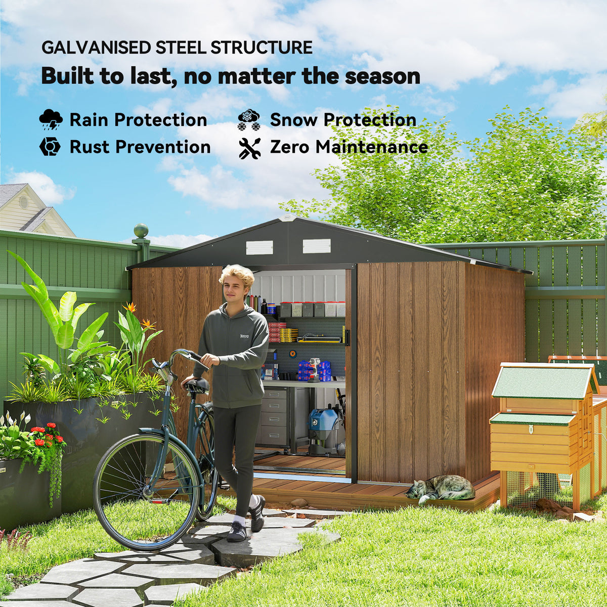 9.1'x6.4'x6.3' Garden Storage Shed, Outdoor Storage Tool House with Vents, Foundation and Lockable Double Doors – Teak