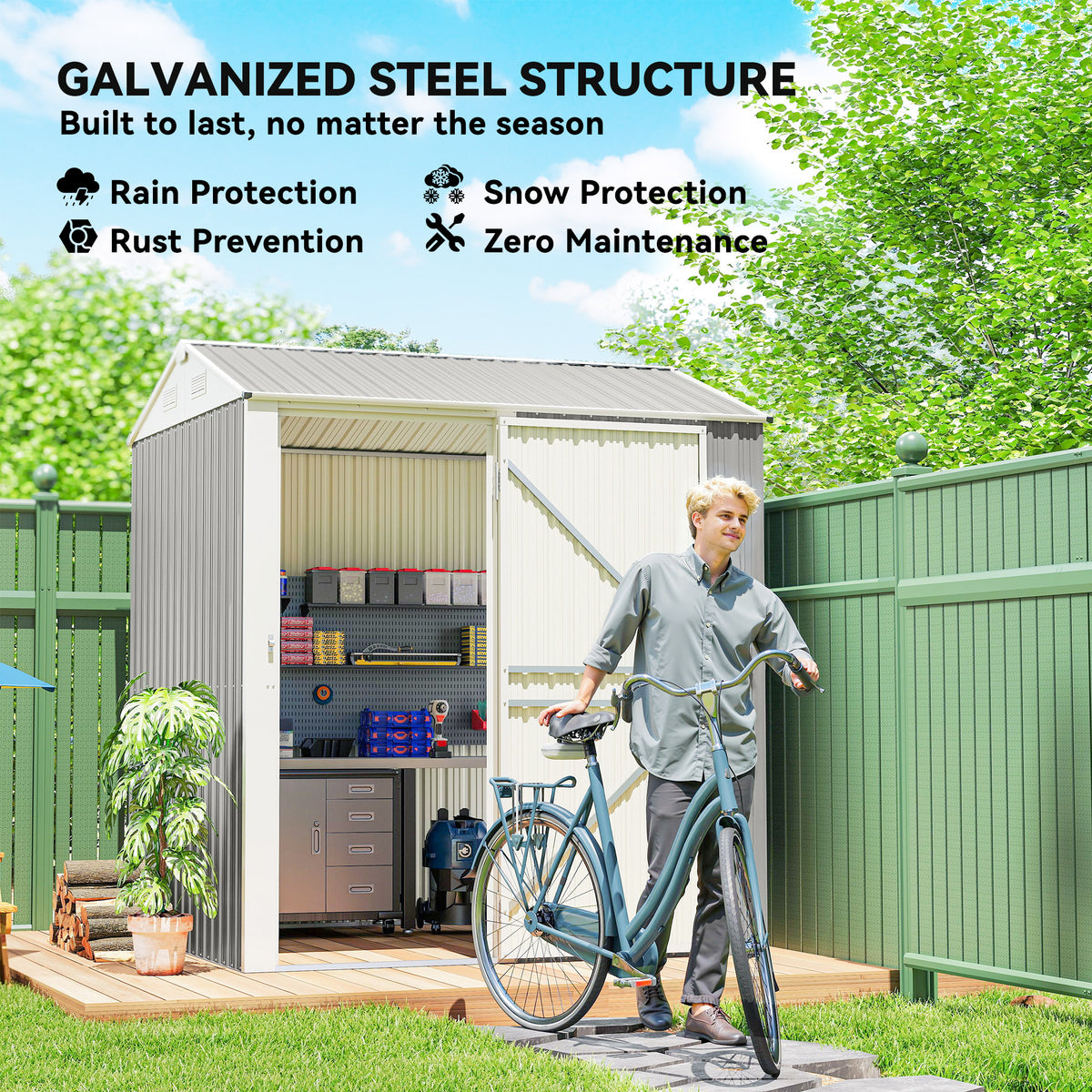 7' x 6' Tall Outdoor Storage Shed, Waterproof Metal Garden Shed with Gloves, Lockable Door – Grey