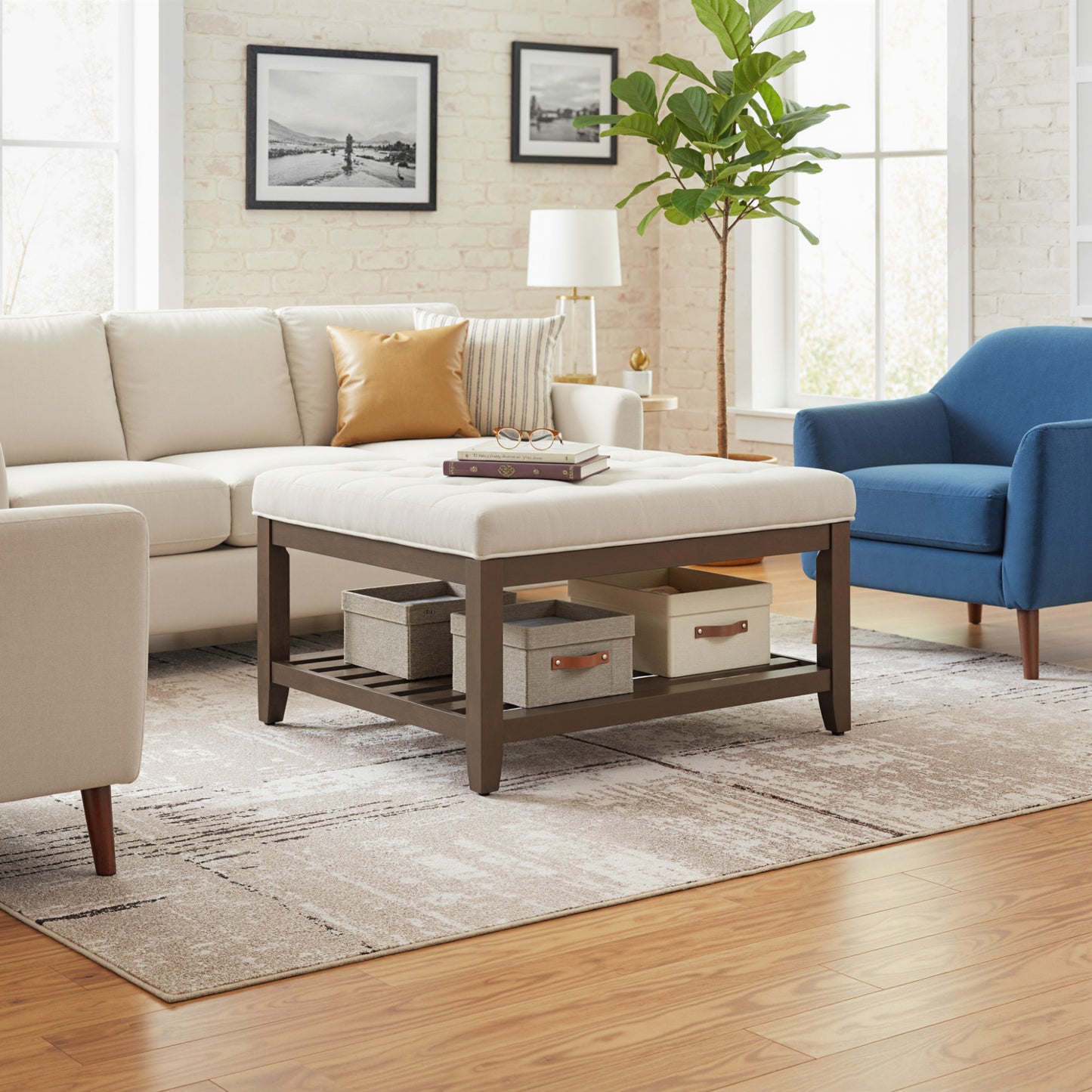 HOMCOM Square Ottoman Coffee Table with Storage, Beige Linen Tufted