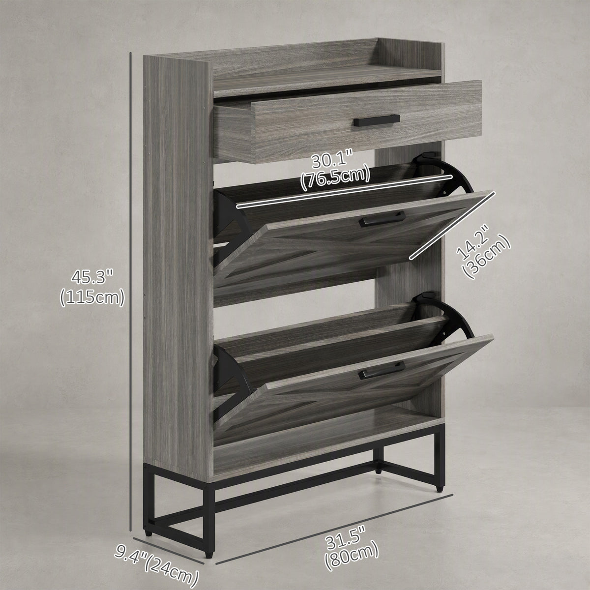 Slim Shoe Storage with 2 Flip Drawers and Adjustable Shelves – 32"W x 45"H