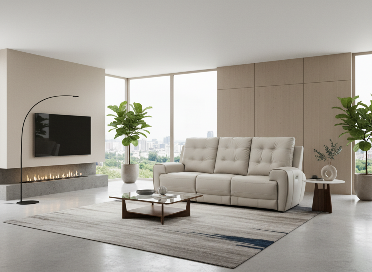 Tufted Leather Power Recliner Sofa – Taupe