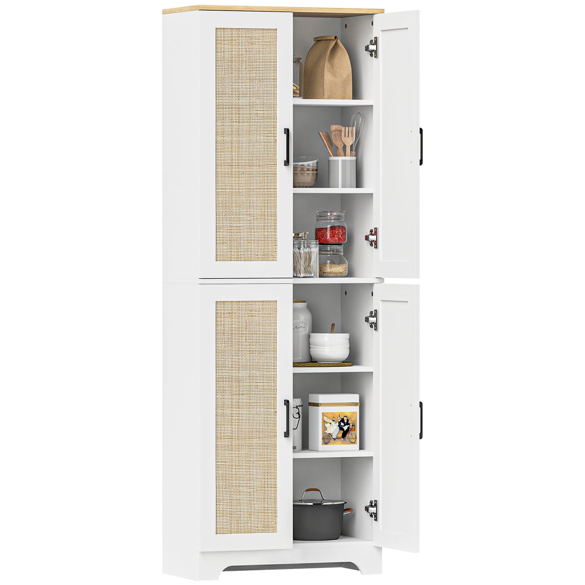 Tall Kitchen Pantry with 4 Rattan Doors and Adjustable Shelves – 24"W x 67"H