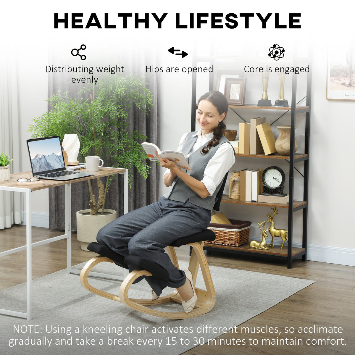 Ergonomic Kneeling Chair, Rocking Wood Kneel Stool with Backrest for Improved Posture, Black