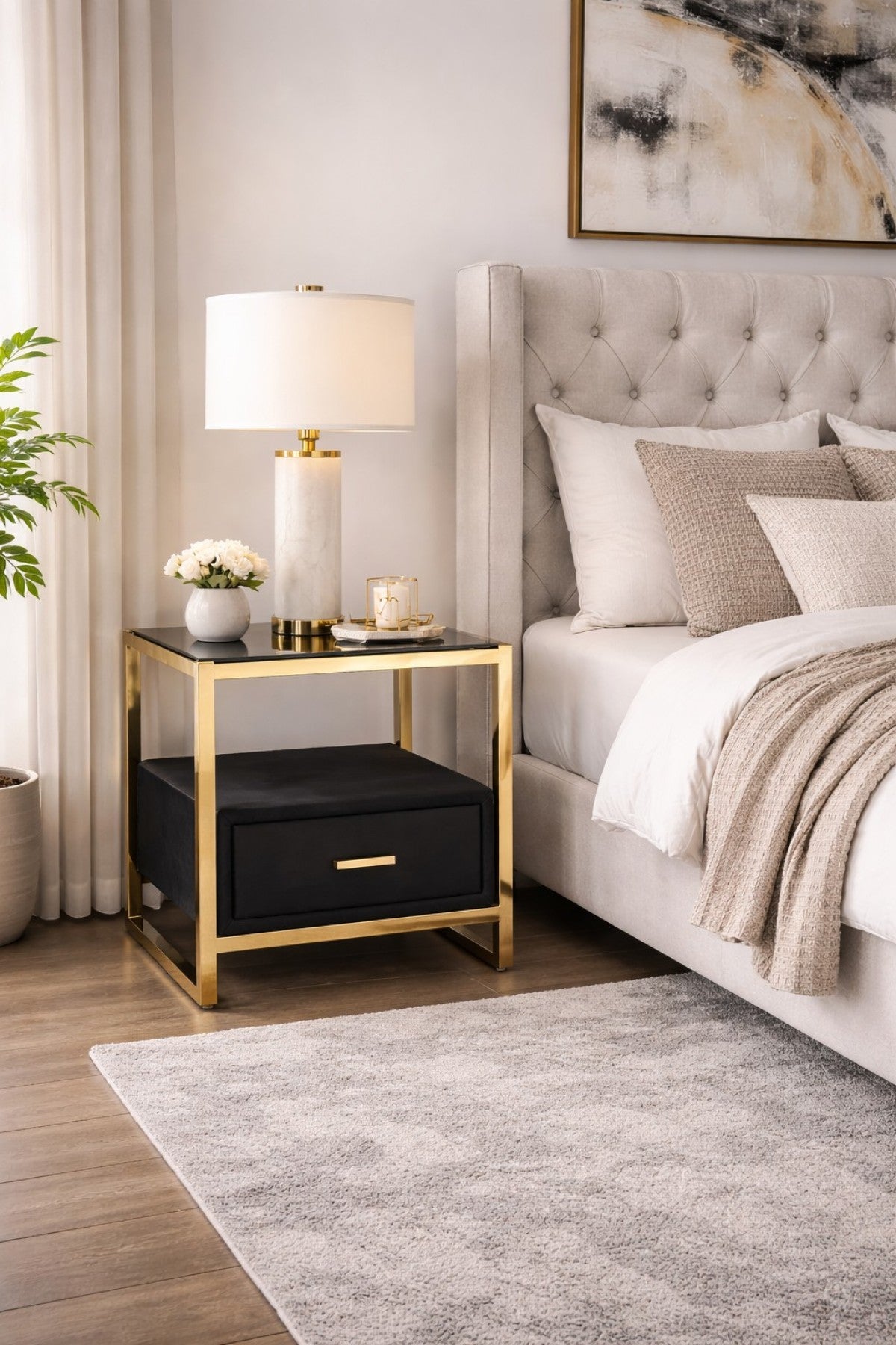Upholstered Glass Night Stand – Black/Gold