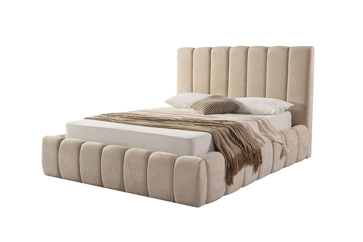 Channel-Tufted Bed Frame – Beige